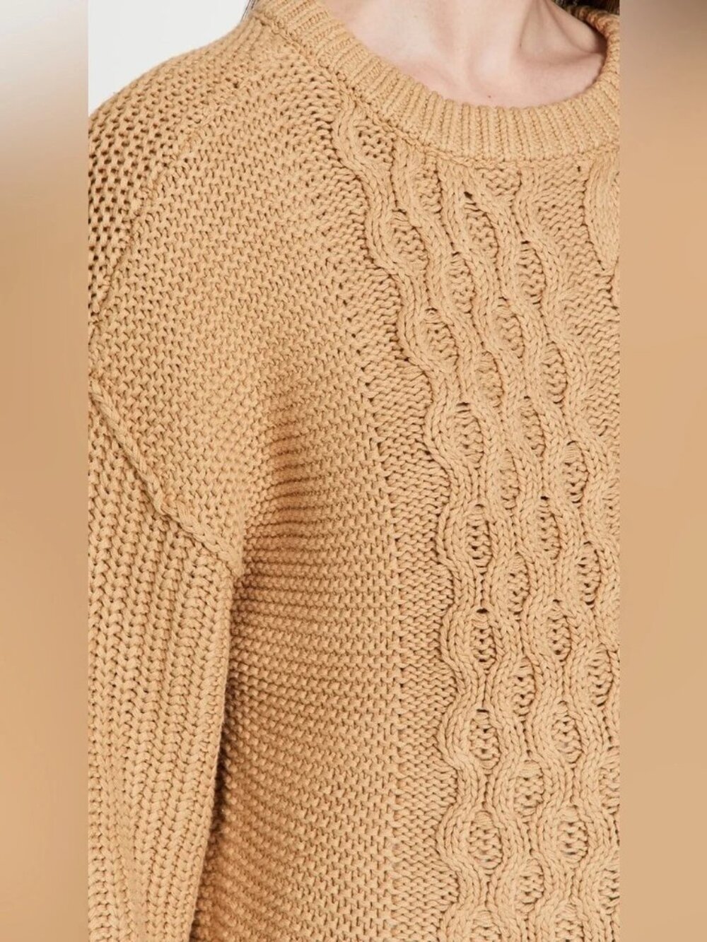 🆕 FREE PEOPLE Frankie Cable Cotton Pullover Sweater Camel Large - Picture 7 of 15